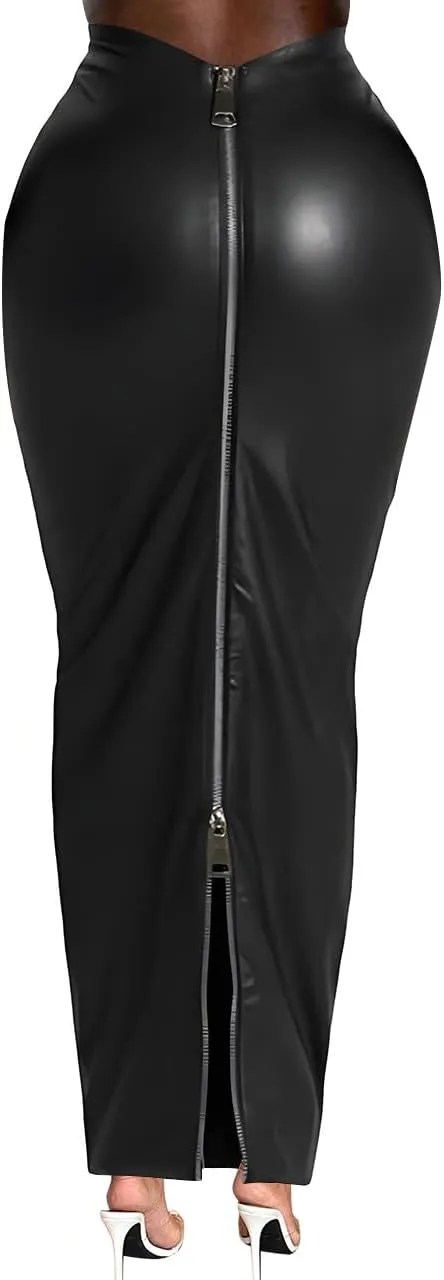 Women's Stretch Faux Leather Long Skirt with Double Zipper, Slim Fit, Black