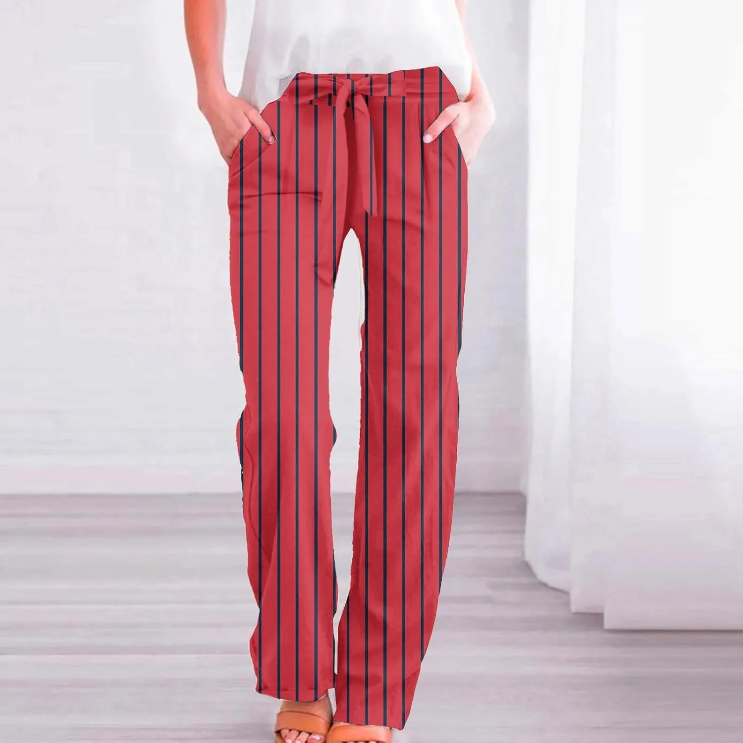 Womens Striped Palazzo Pants High Waisted Adjustable Tie Knot Flowy Trousers Casual Loose Lounge Pant with Pockets