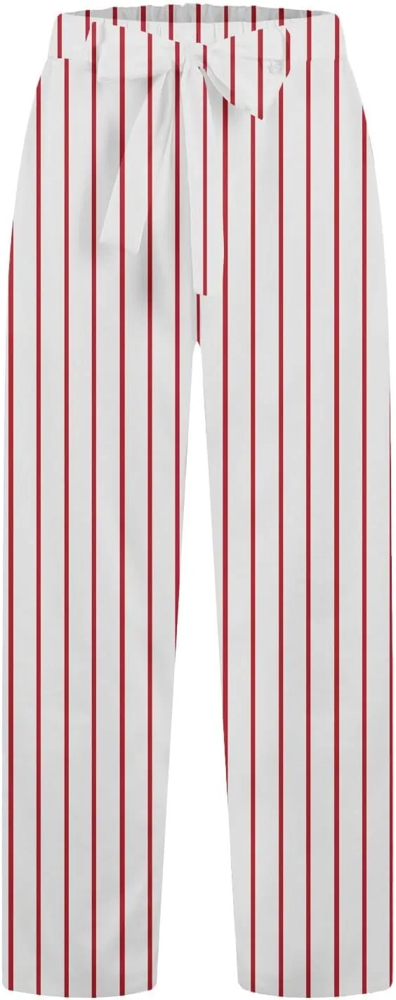Womens Striped Palazzo Pants High Waisted Adjustable Tie Knot Flowy Trousers Casual Loose Lounge Pant with Pockets