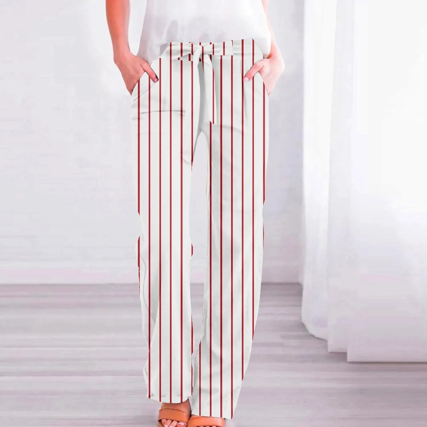 Womens Striped Palazzo Pants High Waisted Adjustable Tie Knot Flowy Trousers Casual Loose Lounge Pant with Pockets