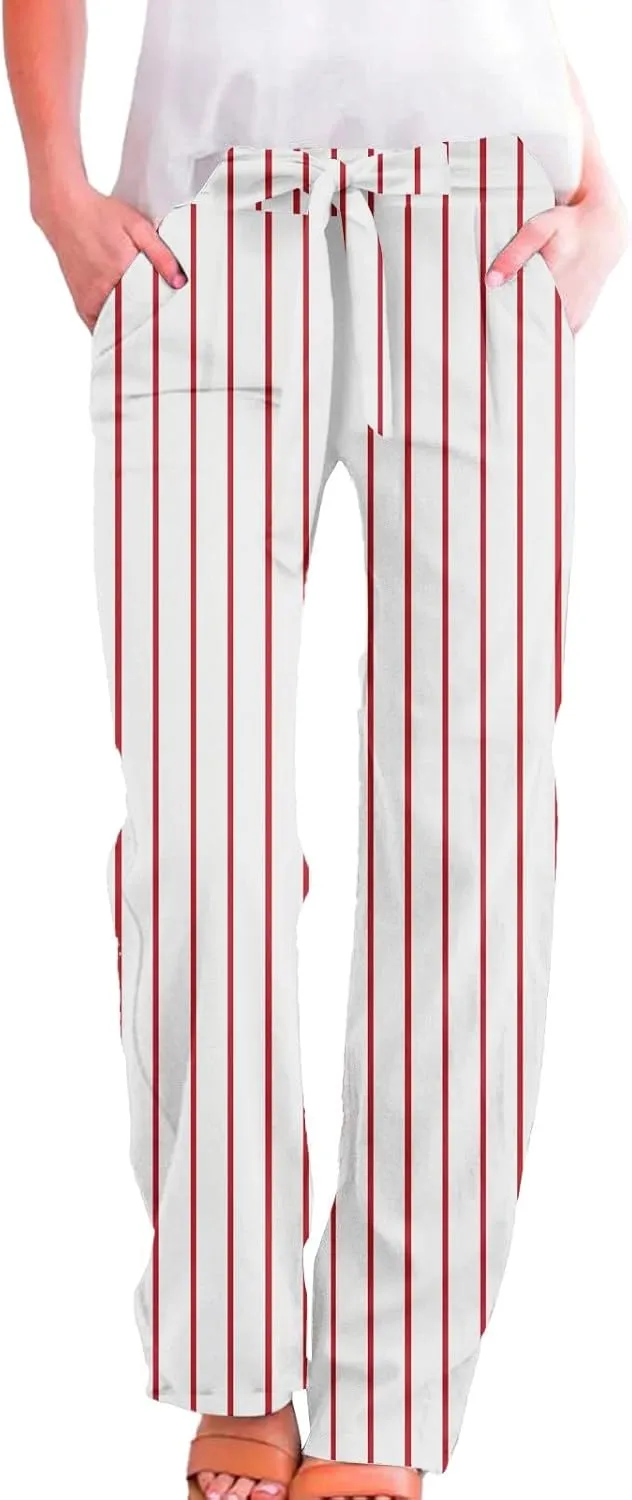 Womens Striped Palazzo Pants High Waisted Adjustable Tie Knot Flowy Trousers Casual Loose Lounge Pant with Pockets