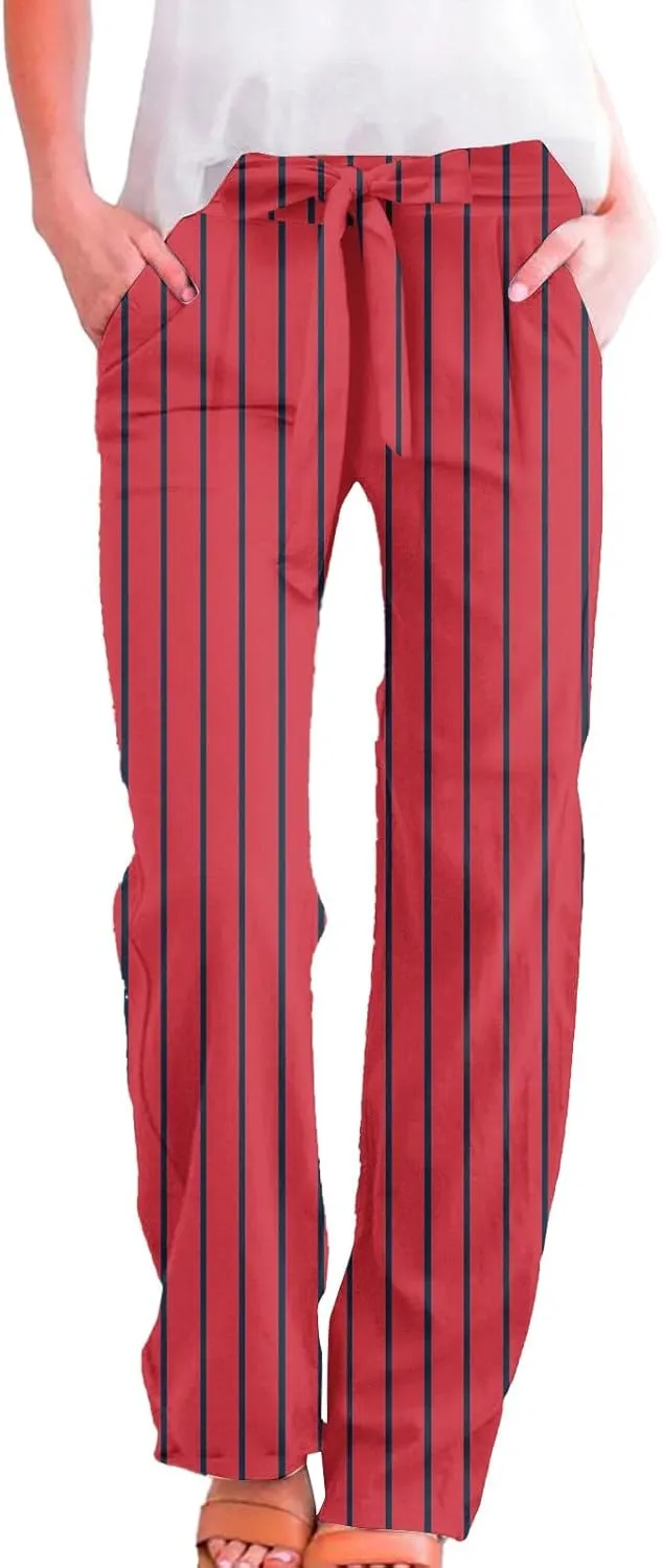 Womens Striped Palazzo Pants High Waisted Adjustable Tie Knot Flowy Trousers Casual Loose Lounge Pant with Pockets