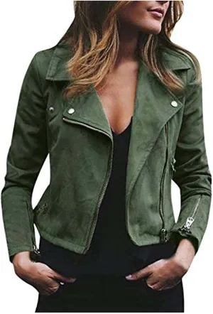 Women's Suede Cropped Jacket Faux Leather Jacket Women Vintage Coats Zip Up Motorcycle Jacket Open Front Cardigan Coat