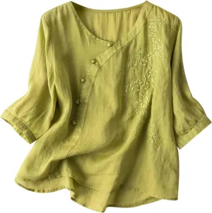 Women's Summer 3/4 Sleeve Cotton Linen Tops Vintage Mexican Embroidered Shirts Casual V Neck Boho Blouse Oversized