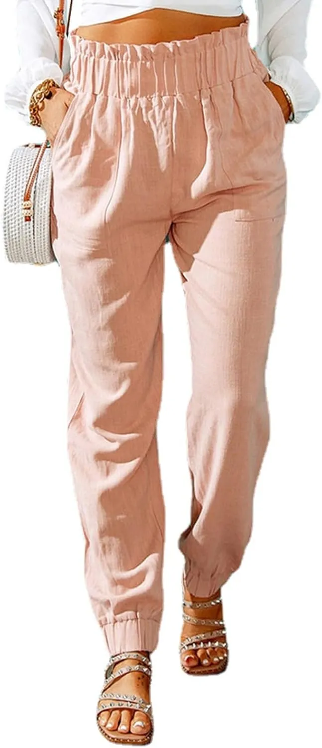 Womens Summer Boho Business Casual Smocked 2025 High Waisted Solid Color Cargo Summer Elephant Pants with Pockets