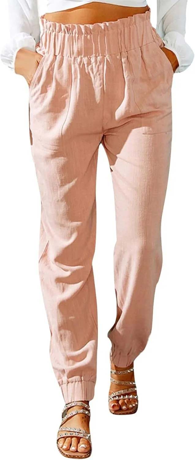 Womens Summer Boho Business Casual Smocked 2025 High Waisted Solid Color Cargo Summer Elephant Pants with Pockets