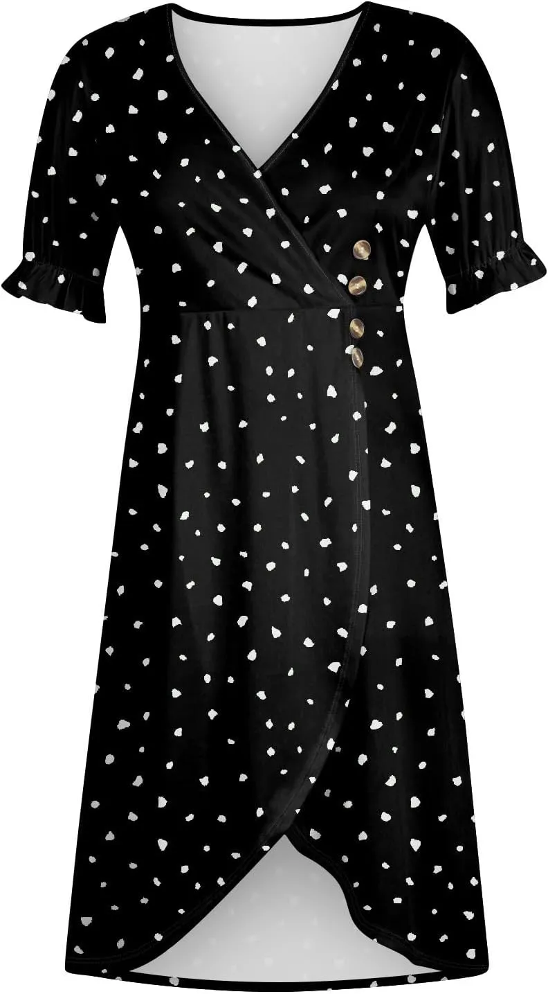 Women's Summer Casual Loose Short Sleeve V-Neck Floral Printed Solid Sun Beach Vacation Dress Plus Size, S-3XL