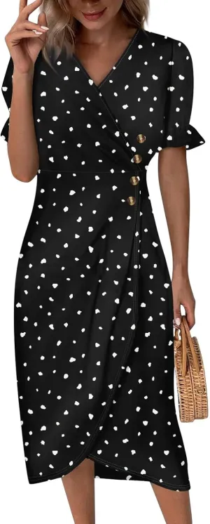 Women's Summer Casual Loose Short Sleeve V-Neck Floral Printed Solid Sun Beach Vacation Dress Plus Size, S-3XL