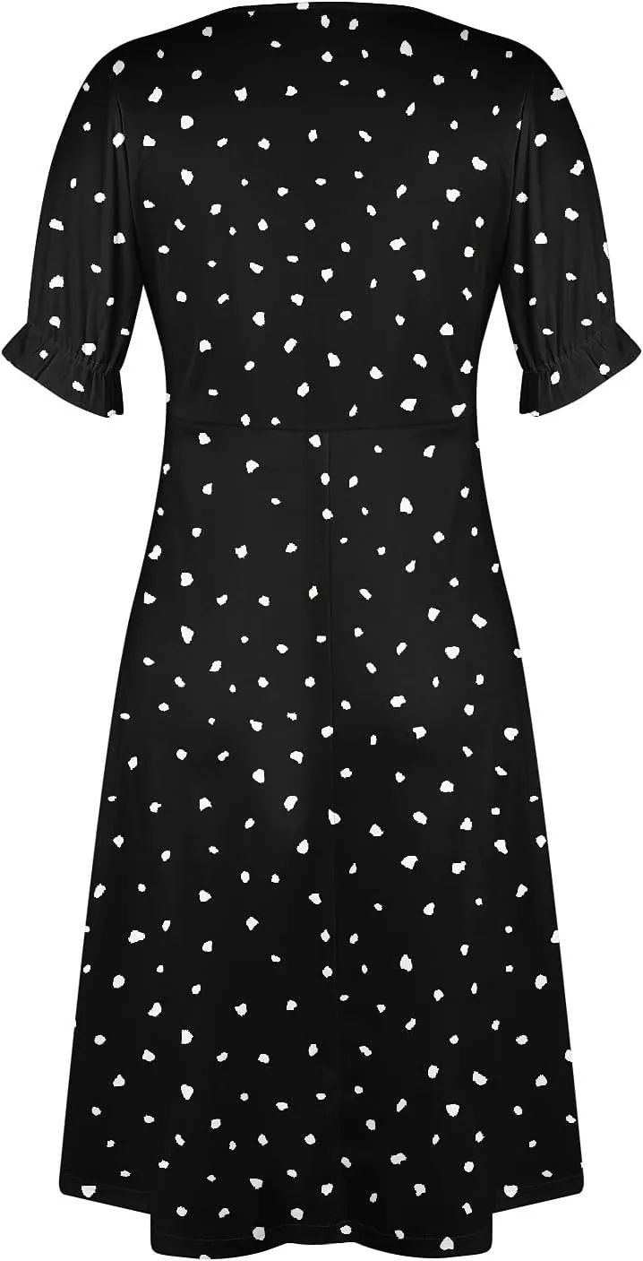 Women's Summer Casual Loose Short Sleeve V-Neck Floral Printed Solid Sun Beach Vacation Dress Plus Size, S-3XL