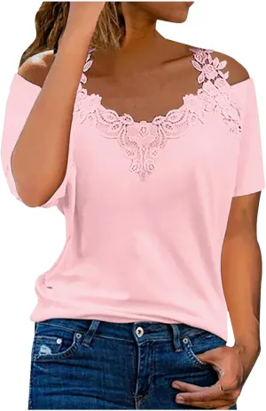 Womens Summer Cold Shoulder Tops Sexy Lace Crochet Strappy T Shirts V Neck Plus Size Tunic Casual Off Shoulder Blouse