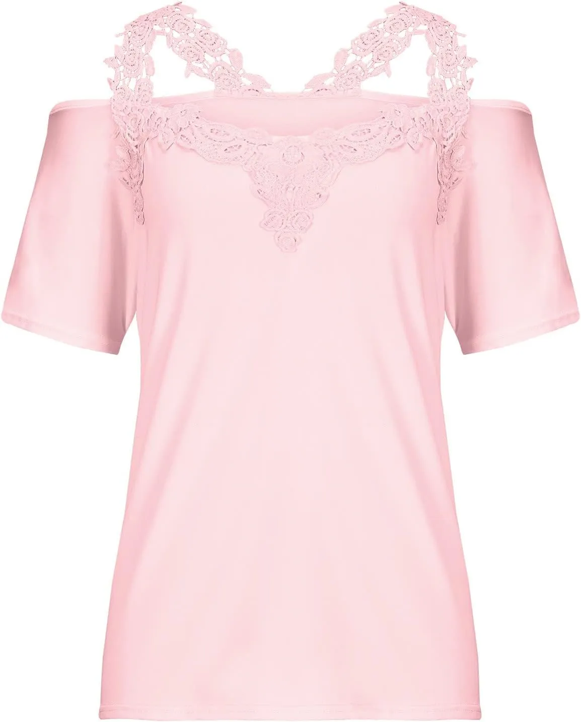 Womens Summer Cold Shoulder Tops Sexy Lace Crochet Strappy T Shirts V Neck Plus Size Tunic Casual Off Shoulder Blouse