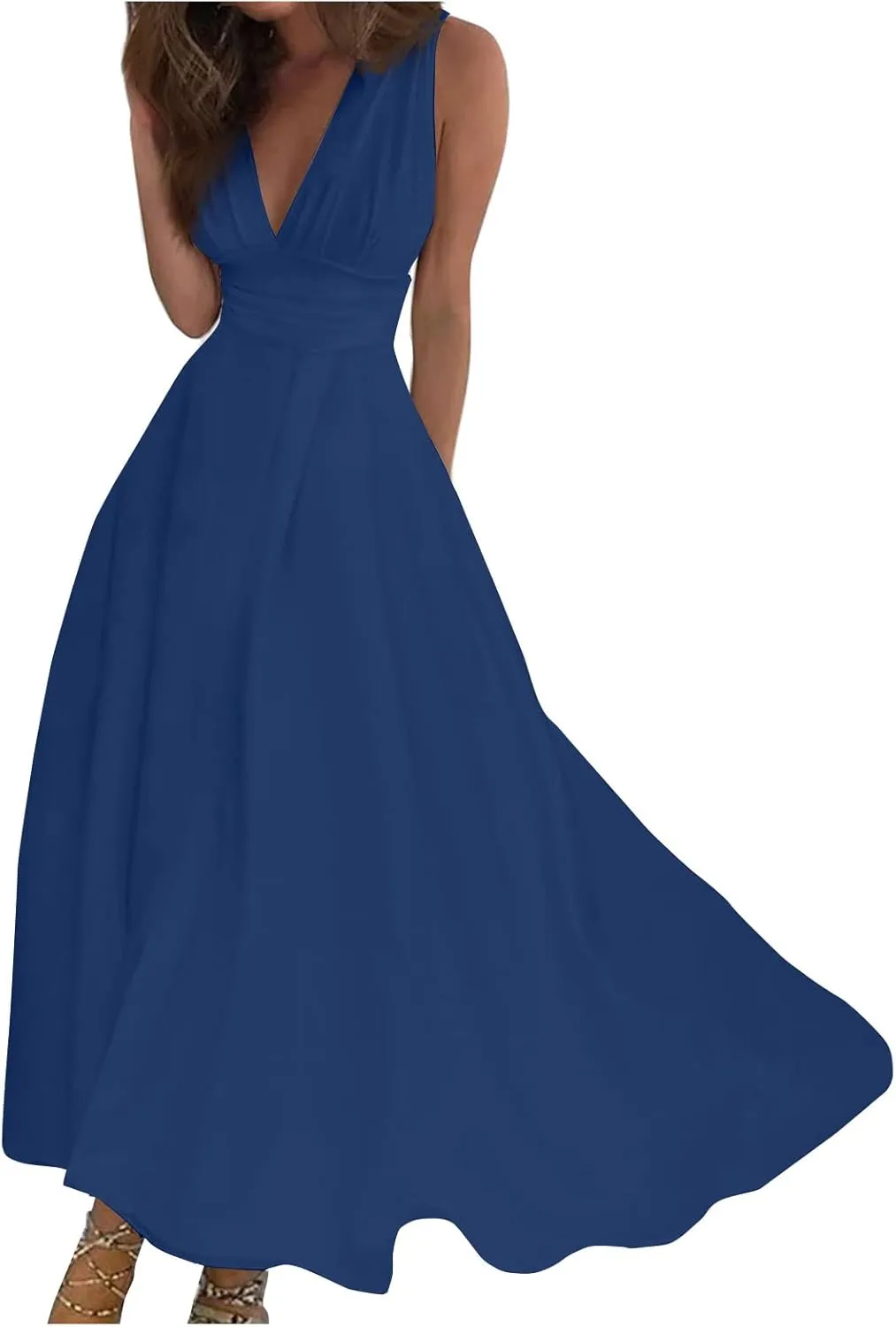 Women's Summer Dresses 2024 V-Neck Sleeveless Maxi Dresses Casual Outdoor Loose Solid Color Dress, S-3XL