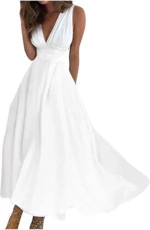 Women's Summer Dresses 2024 V-Neck Sleeveless Maxi Dresses Casual Outdoor Loose Solid Color Dress, S-3XL