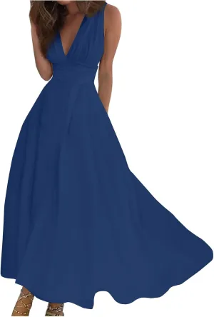 Women's Summer Dresses 2024 V-Neck Sleeveless Maxi Dresses Casual Outdoor Loose Solid Color Dress, S-3XL