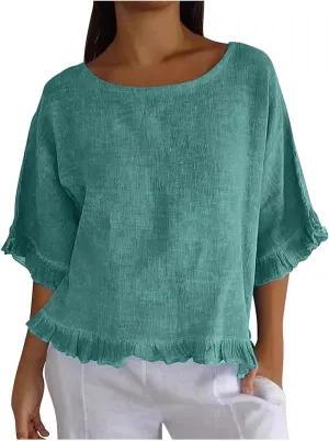 Womens Summer Linen Shirts Cute Ruffle Elbow Sleeve Cotton Tops Casual Crew Neck Plain Tshirt Loose Peasant Blouses