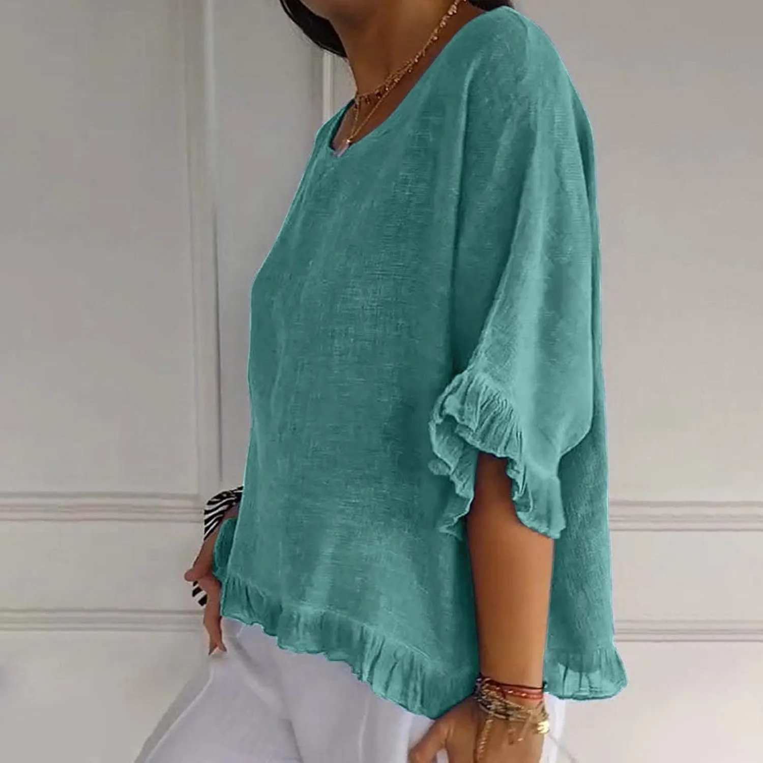 Womens Summer Linen Shirts Cute Ruffle Elbow Sleeve Cotton Tops Casual Crew Neck Plain Tshirt Loose Peasant Blouses