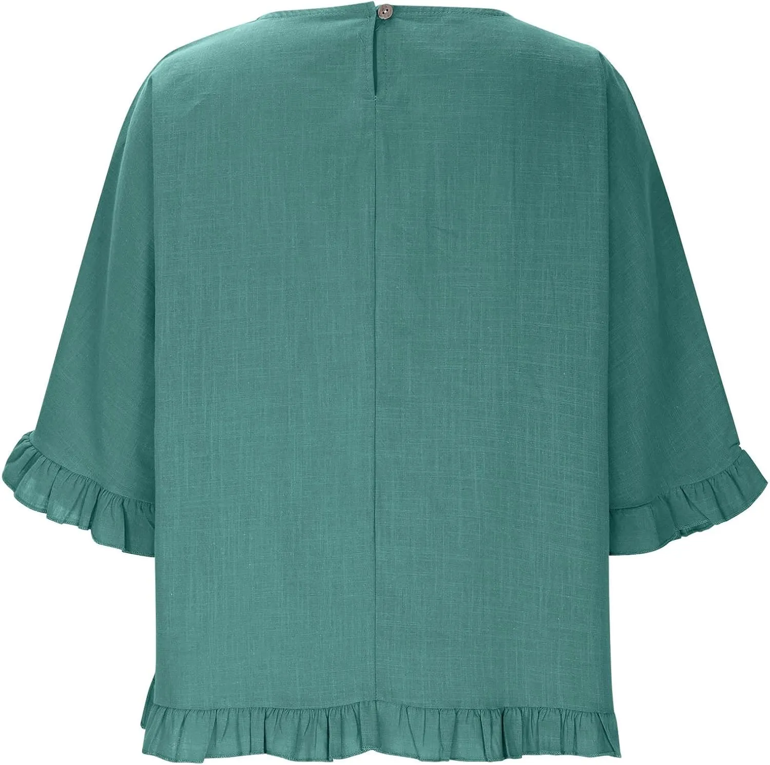 Womens Summer Linen Shirts Cute Ruffle Elbow Sleeve Cotton Tops Casual Crew Neck Plain Tshirt Loose Peasant Blouses