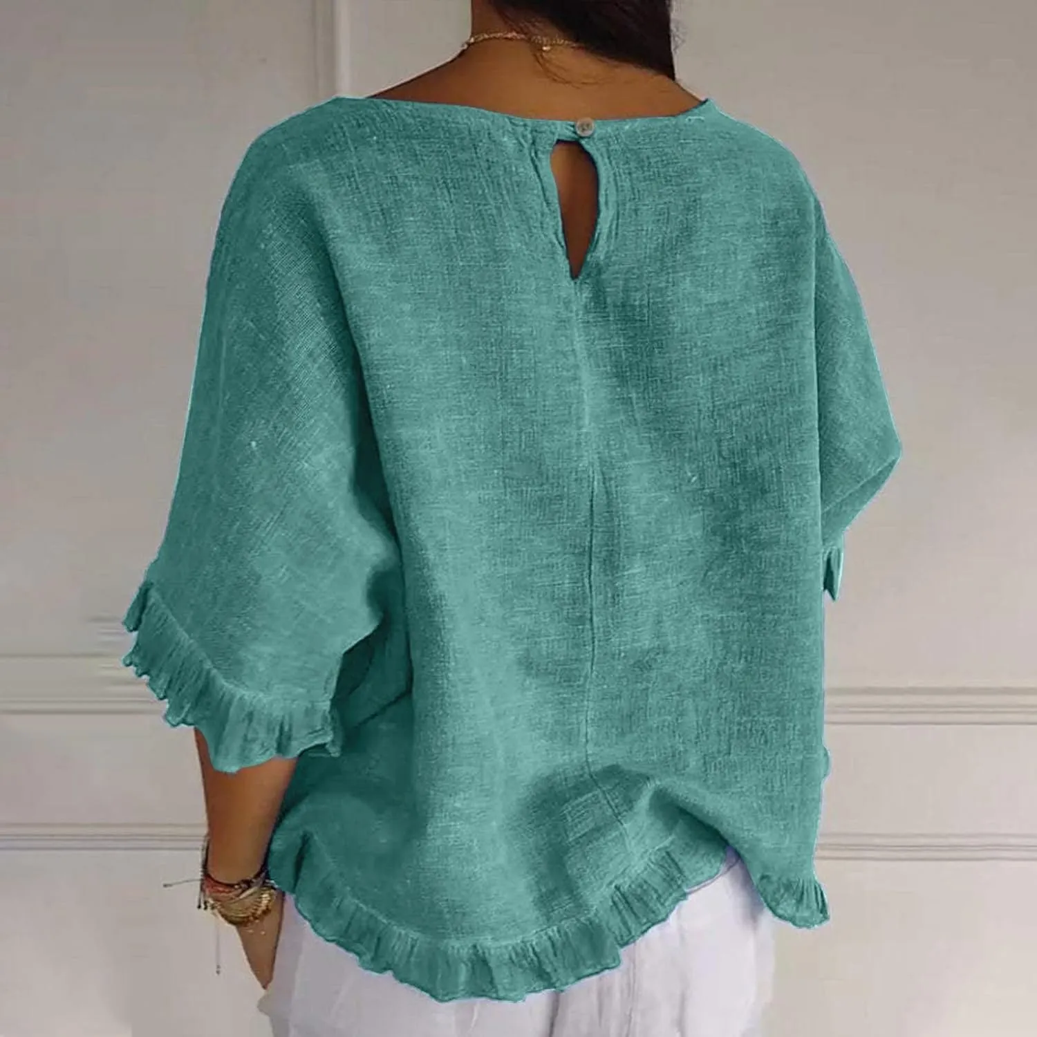 Womens Summer Linen Shirts Cute Ruffle Elbow Sleeve Cotton Tops Casual Crew Neck Plain Tshirt Loose Peasant Blouses