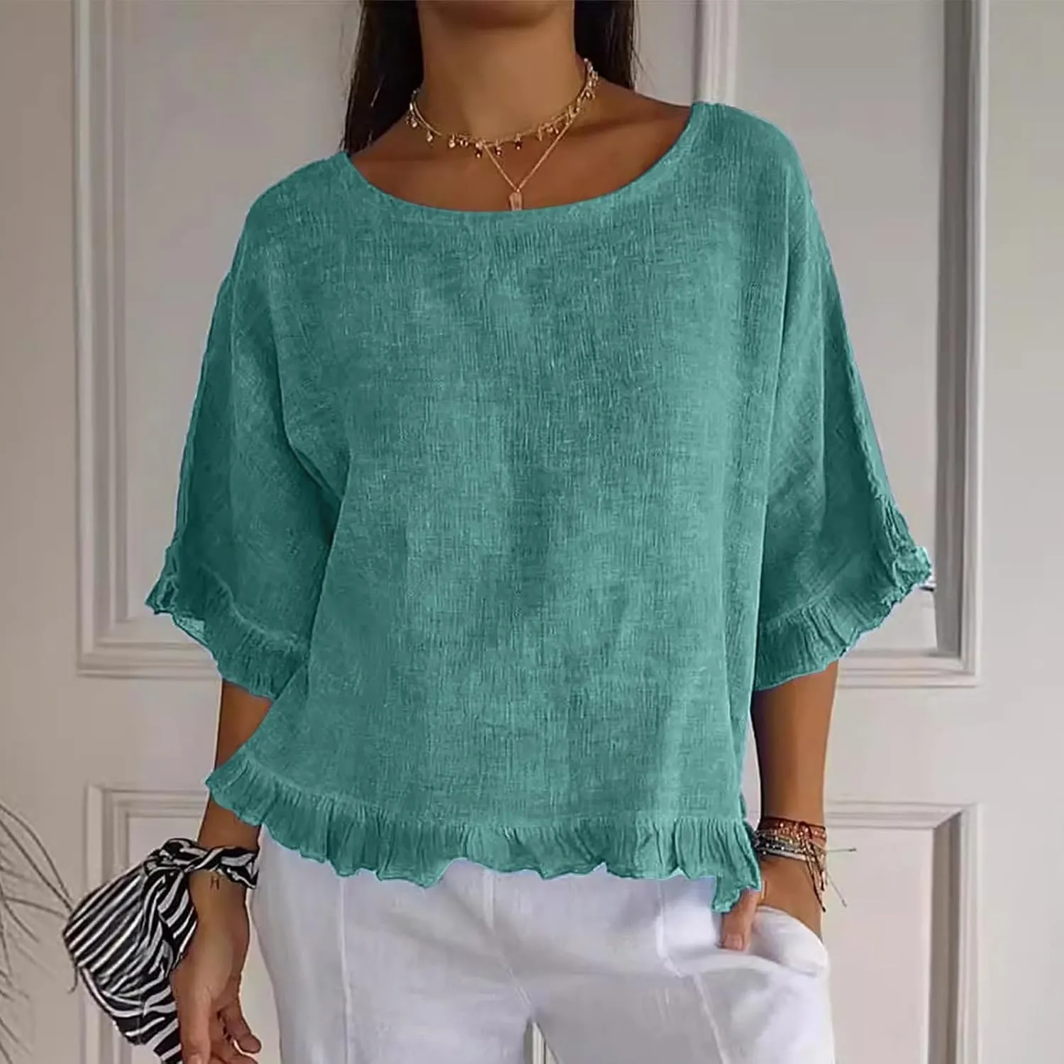 Womens Summer Linen Shirts Cute Ruffle Elbow Sleeve Cotton Tops Casual Crew Neck Plain Tshirt Loose Peasant Blouses