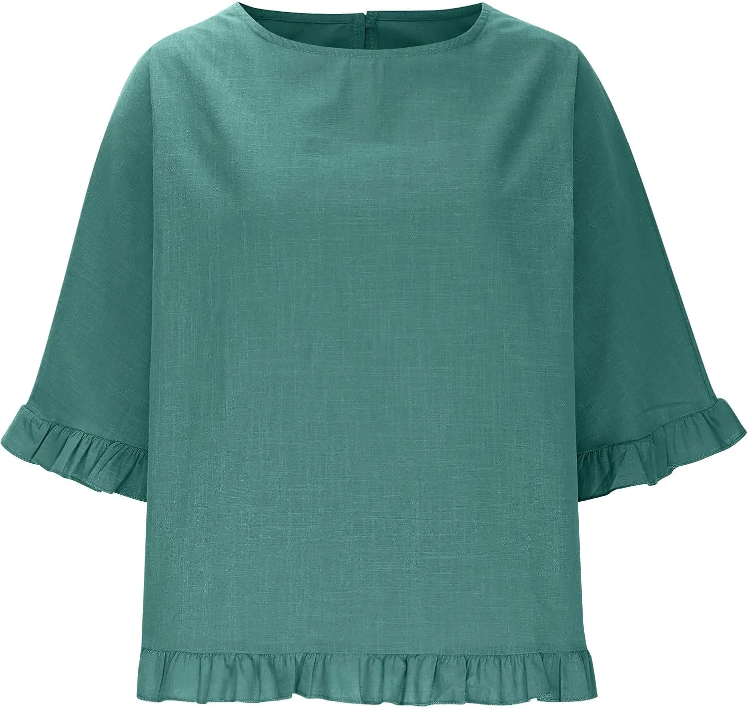 Womens Summer Linen Shirts Cute Ruffle Elbow Sleeve Cotton Tops Casual Crew Neck Plain Tshirt Loose Peasant Blouses
