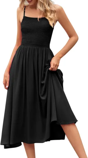 Women's Summer Maxi Dress Casual Boho Sleeveless Spaghetti Strap Smocked Tiered Long Beach Sun Dresses Vacation