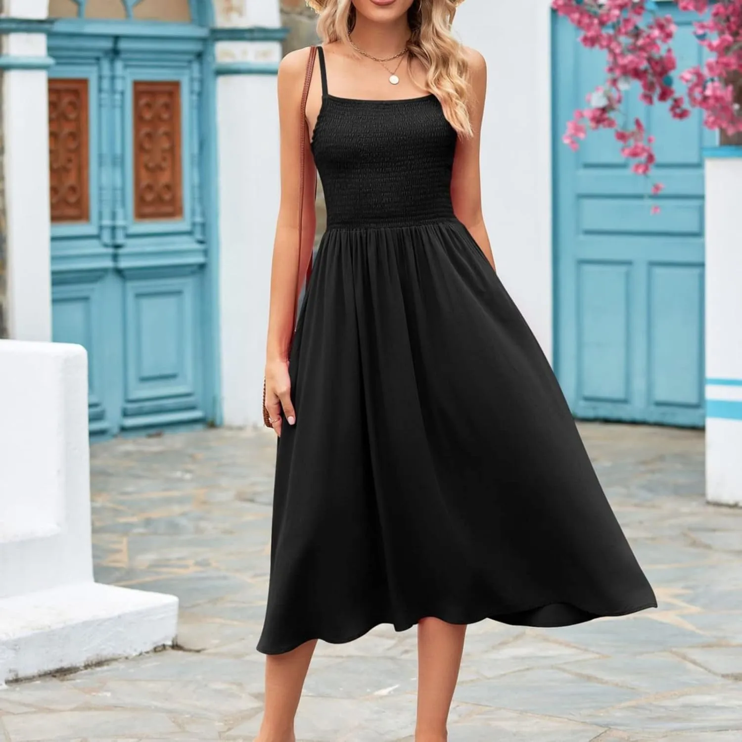 Women's Summer Maxi Dress Casual Boho Sleeveless Spaghetti Strap Smocked Tiered Long Beach Sun Dresses Vacation
