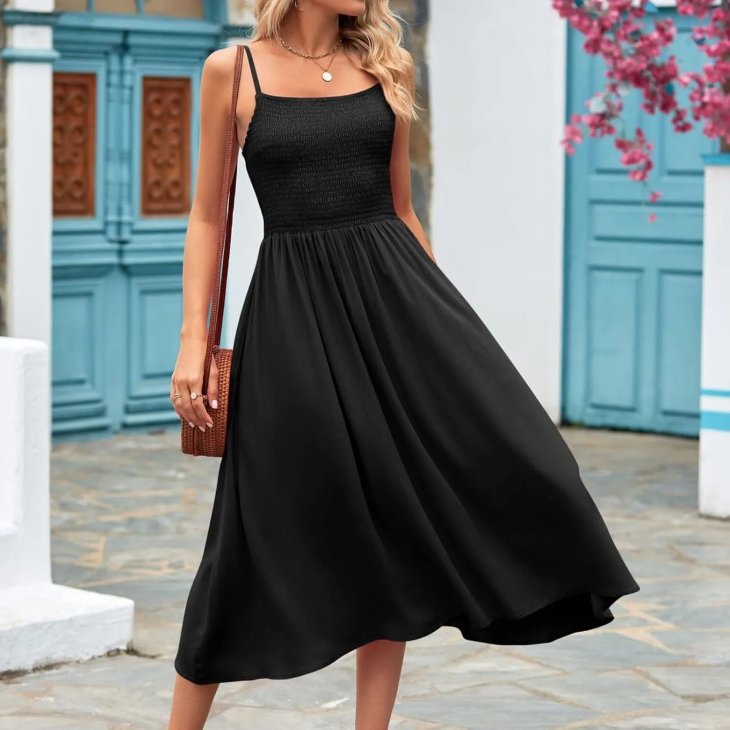 Women's Summer Maxi Dress Casual Boho Sleeveless Spaghetti Strap Smocked Tiered Long Beach Sun Dresses Vacation