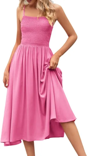 Women's Summer Maxi Dress Casual Boho Sleeveless Spaghetti Strap Smocked Tiered Long Beach Sun Dresses Vacation