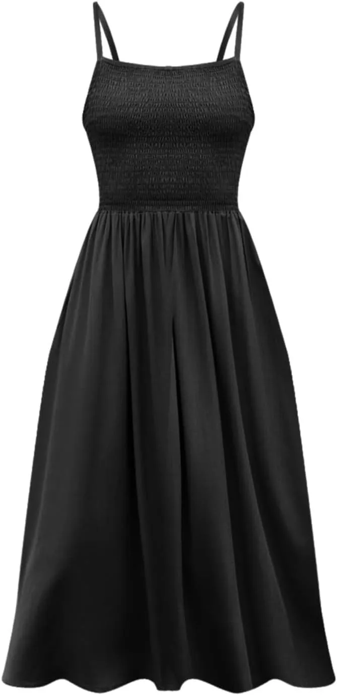 Women's Summer Maxi Dress Casual Boho Sleeveless Spaghetti Strap Smocked Tiered Long Beach Sun Dresses Vacation