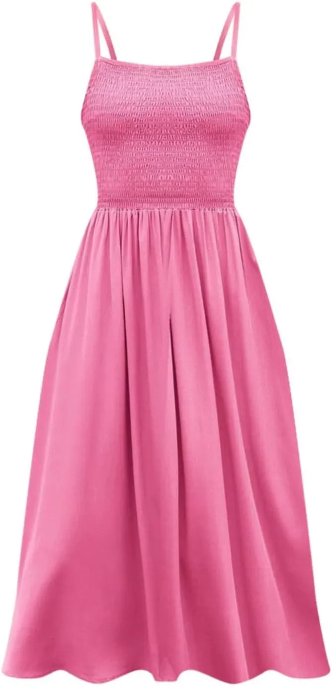 Women's Summer Maxi Dress Casual Boho Sleeveless Spaghetti Strap Smocked Tiered Long Beach Sun Dresses Vacation