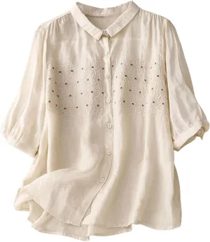 Women's Summer Shirts Polka Dot Printed Cotton Linen Sleeveless Round Neck Tops Button Loose Casual Ladies Blouse