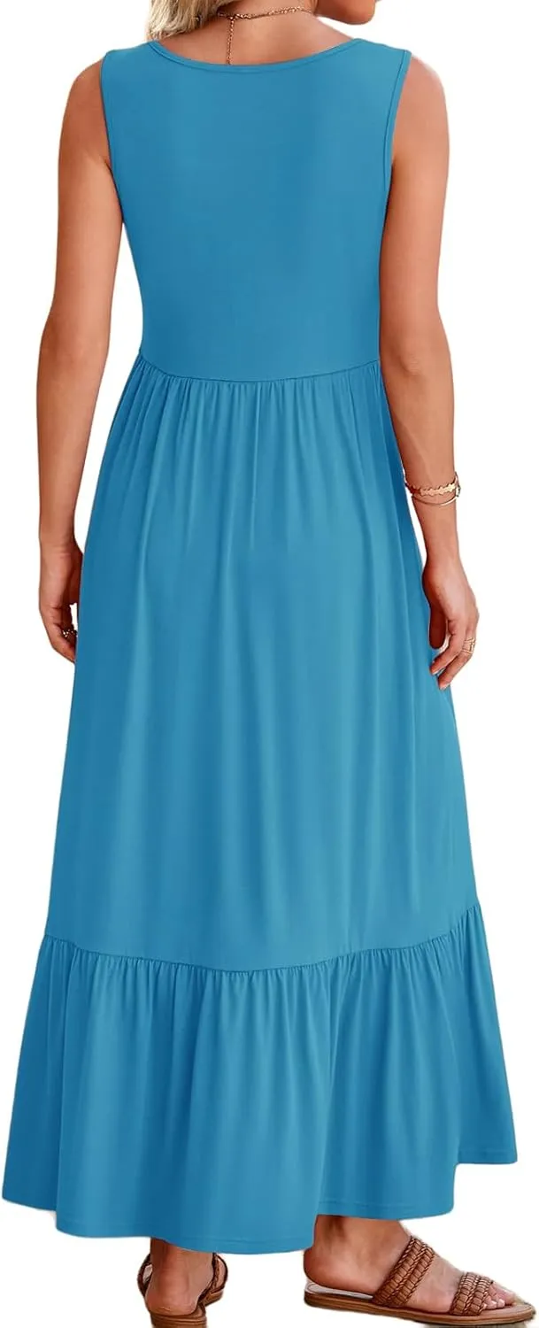Women's Summer Sleeveless Dress Maxi Beach Vacation Dresses Casual Flowy Tired Sundress Square Neck Tank Top