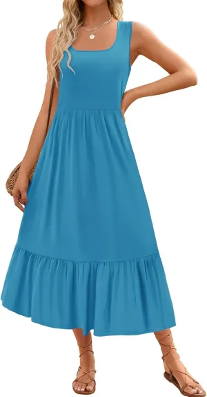 Women's Summer Sleeveless Dress Maxi Beach Vacation Dresses Casual Flowy Tired Sundress Square Neck Tank Top