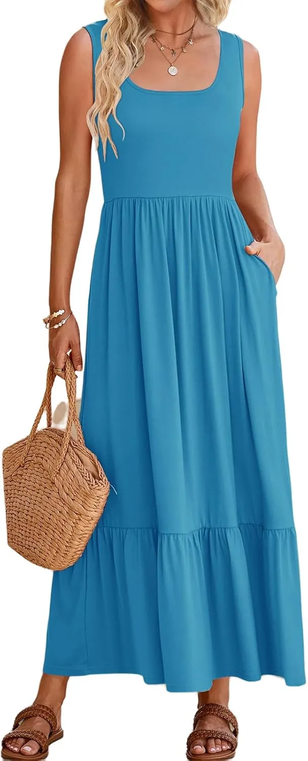 Women's Summer Sleeveless Dress Maxi Beach Vacation Dresses Casual Flowy Tired Sundress Square Neck Tank Top