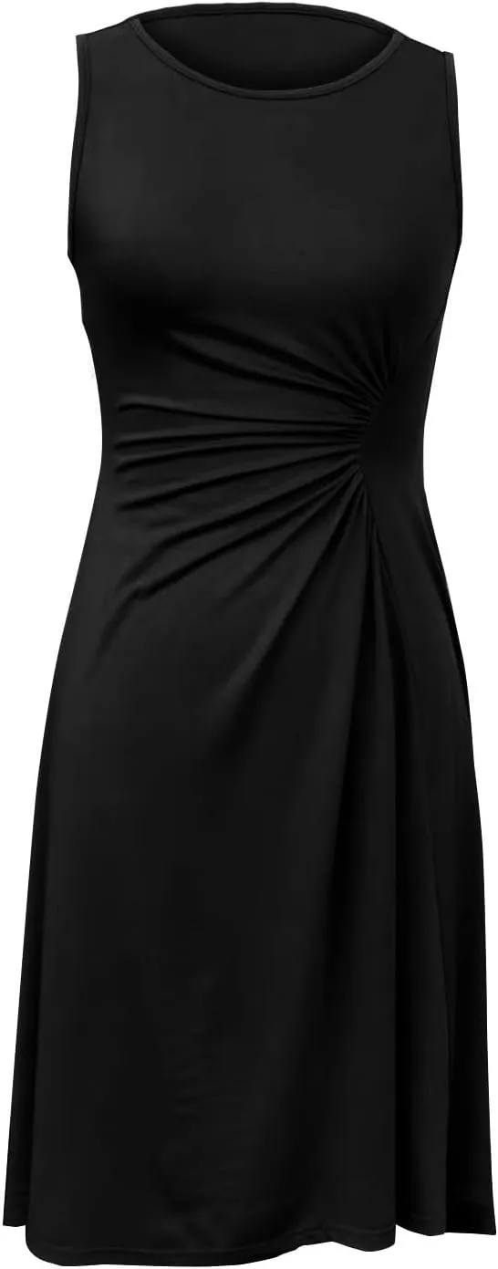 Women's Summer Sleeveless Dresses Ruched Waist Crew Neck A Line High Midi Flowy Dressy Casual Cocktail Party Dress