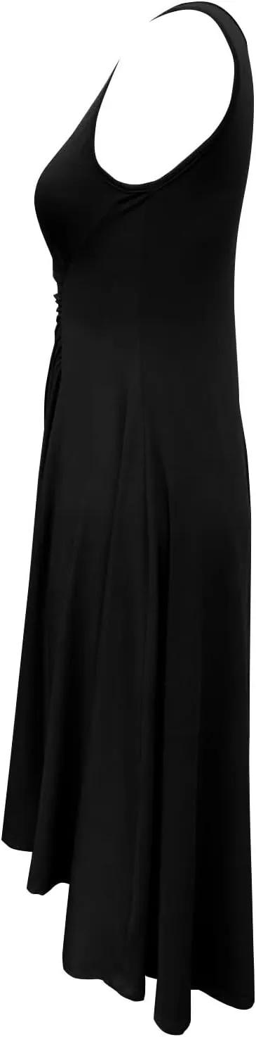 Women's Summer Sleeveless Dresses Ruched Waist Crew Neck A Line High Midi Flowy Dressy Casual Cocktail Party Dress