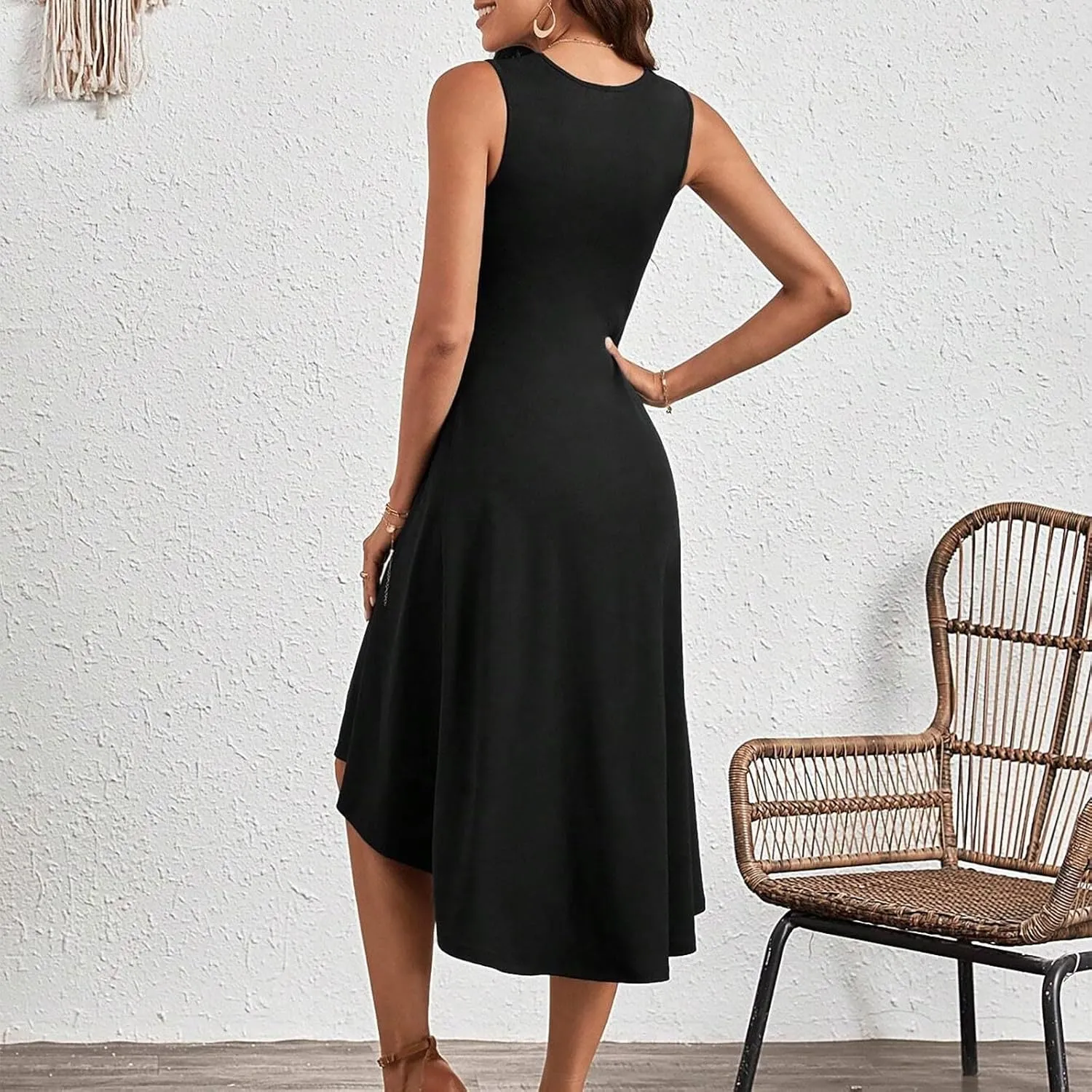 Women's Summer Sleeveless Dresses Ruched Waist Crew Neck A Line High Midi Flowy Dressy Casual Cocktail Party Dress