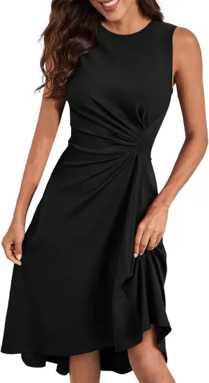 Women's Summer Sleeveless Dresses Ruched Waist Crew Neck A Line High Midi Flowy Dressy Casual Cocktail Party Dress