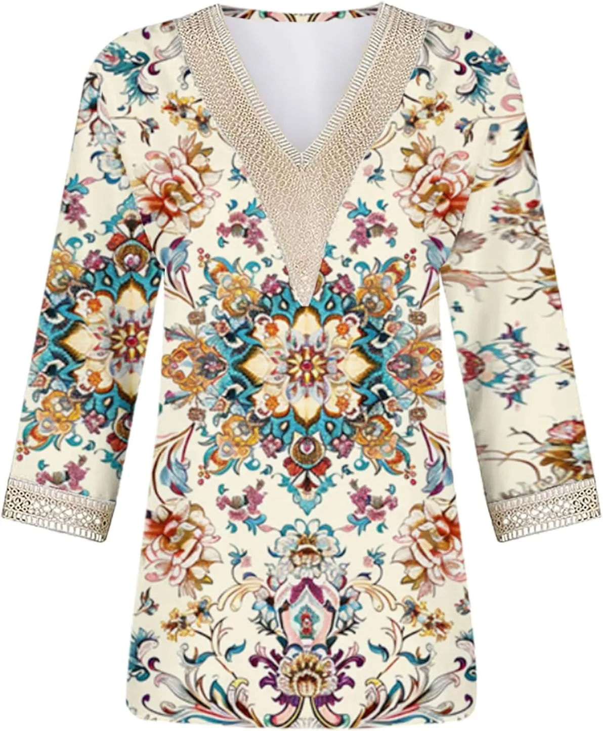 Womens Summer Tops 2025 Dressy Casual Lace V Neck 3/4 Sleeve Shirts Trendy Printed Crochet Blouses Cute Boho Outfits