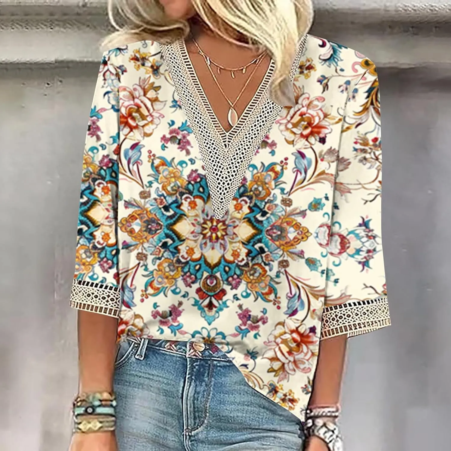 Womens Summer Tops 2025 Dressy Casual Lace V Neck 3/4 Sleeve Shirts Trendy Printed Crochet Blouses Cute Boho Outfits