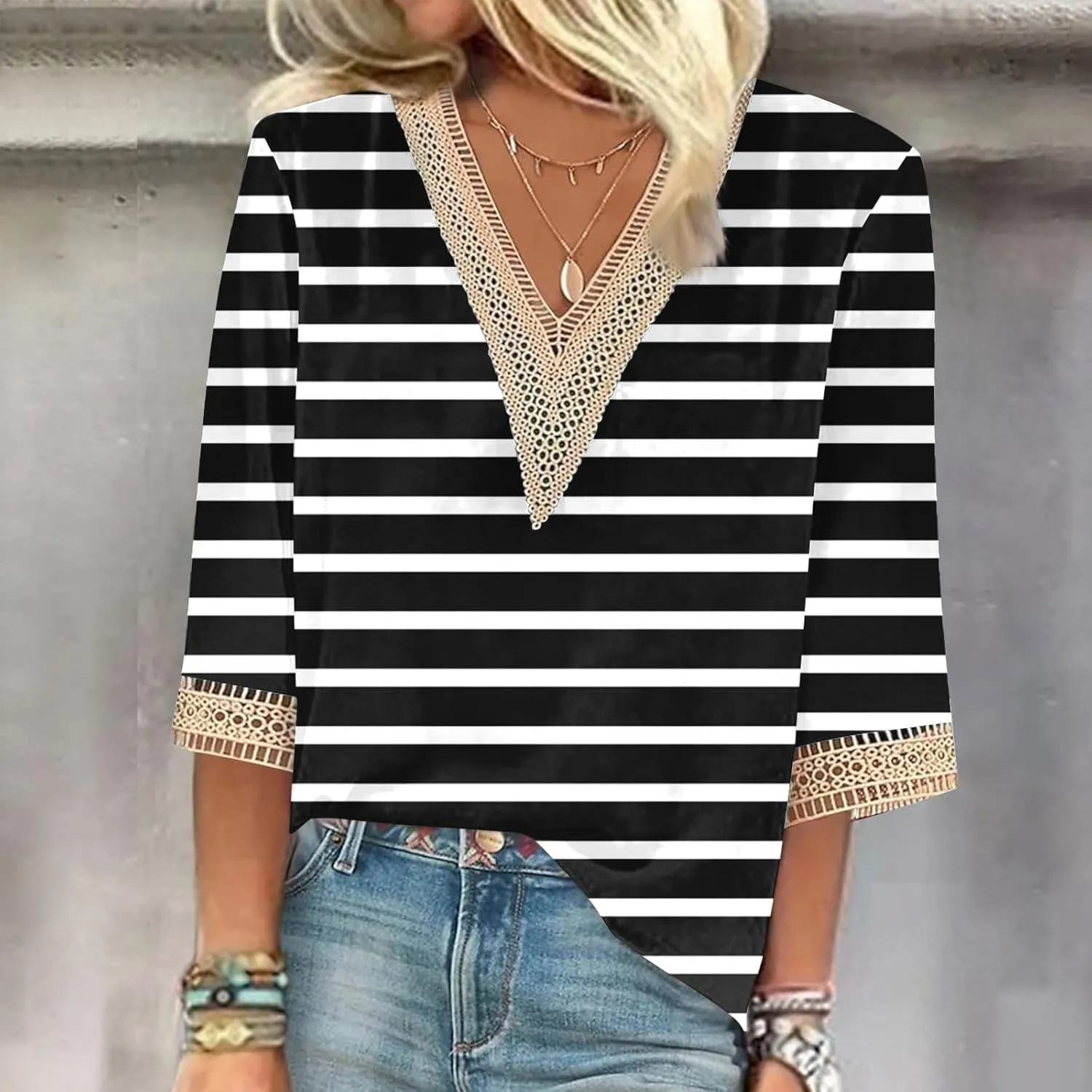 Womens Summer Tops 2025 Dressy Casual Lace V Neck 3/4 Sleeve Shirts Trendy Printed Crochet Blouses Cute Boho Outfits