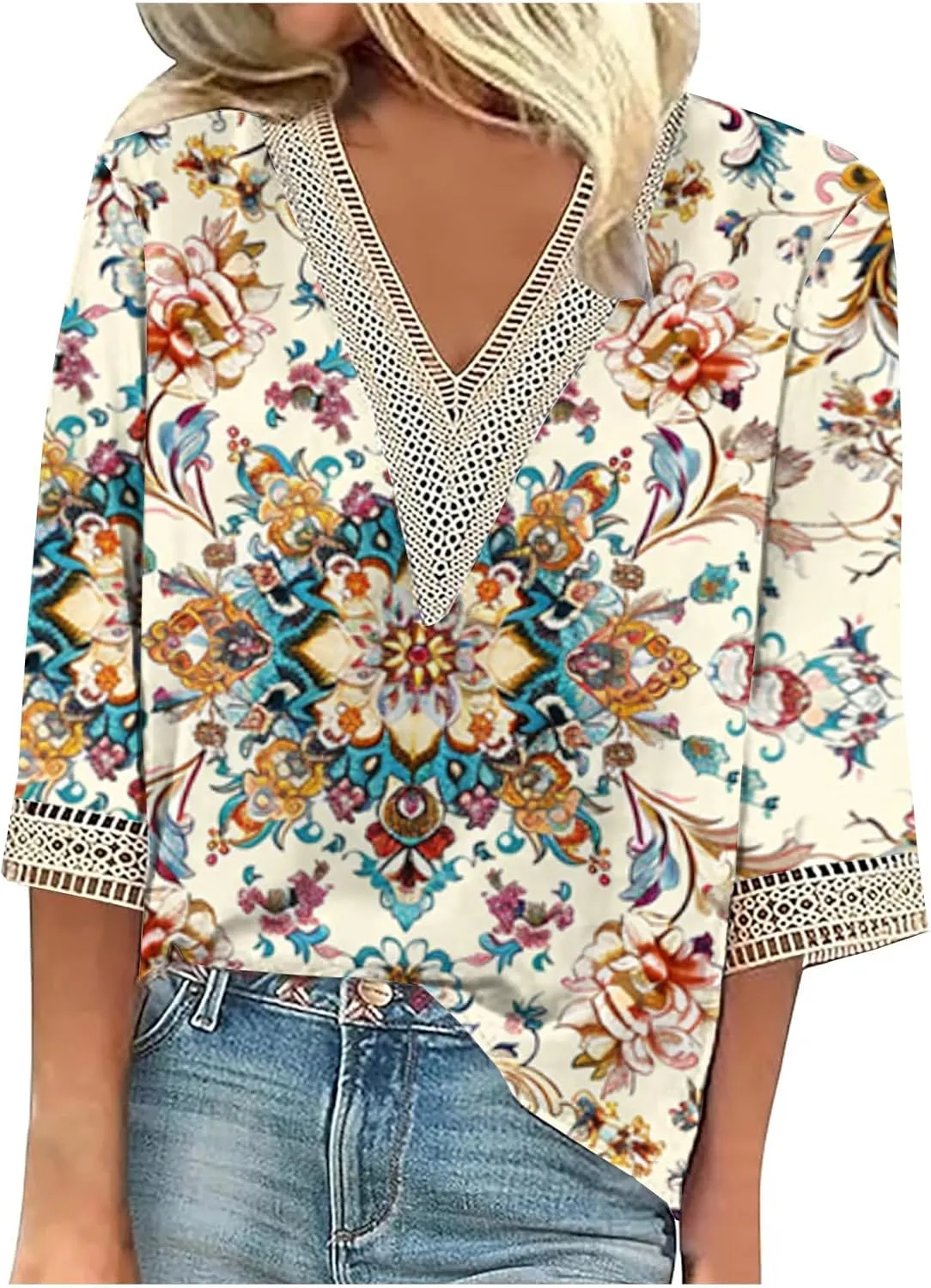 Womens Summer Tops 2025 Dressy Casual Lace V Neck 3/4 Sleeve Shirts Trendy Printed Crochet Blouses Cute Boho Outfits