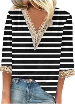 Womens Summer Tops 2025 Dressy Casual Lace V Neck 3/4 Sleeve Shirts Trendy Printed Crochet Blouses Cute Boho Outfits