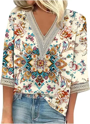 Womens Summer Tops 2025 Dressy Casual Lace V Neck 3/4 Sleeve Shirts Trendy Printed Crochet Blouses Cute Boho Outfits