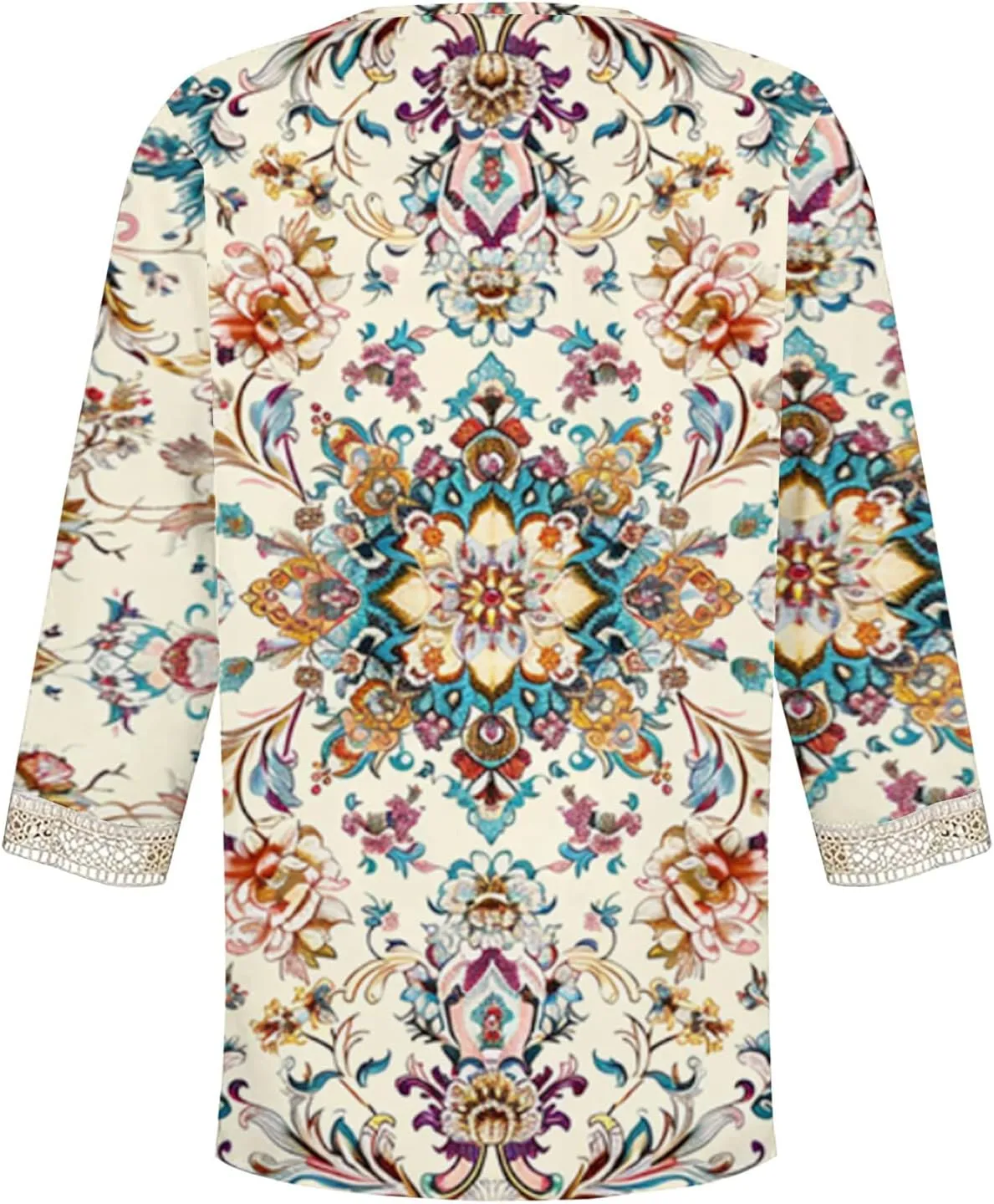 Womens Summer Tops 2025 Dressy Casual Lace V Neck 3/4 Sleeve Shirts Trendy Printed Crochet Blouses Cute Boho Outfits