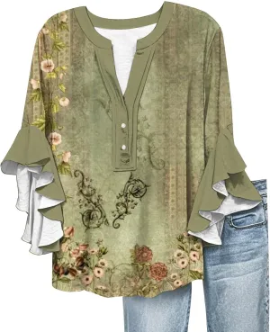 Womens Summer Tops Henley V Neck Casual Loose Fit Dressy 3/4 Length Sleeve Floral Shirts Flowy Ruffle Sleeve Blouses