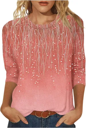 Womens Tops 3/4 Sleeve Shirts Round Neck Cute Tunic Tops Basic Tees Loose Casual Floral Blouses Business Work Tee Top