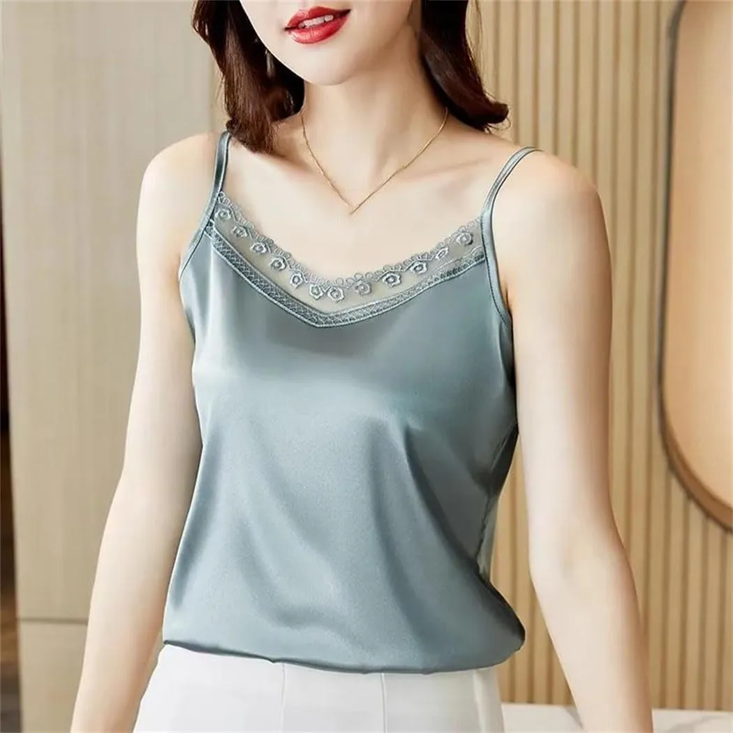 Women's V-Neck Lace Patchwork Sleeveless Camisole Top Elegant Backless Casual Satin Vest Basic Clothing