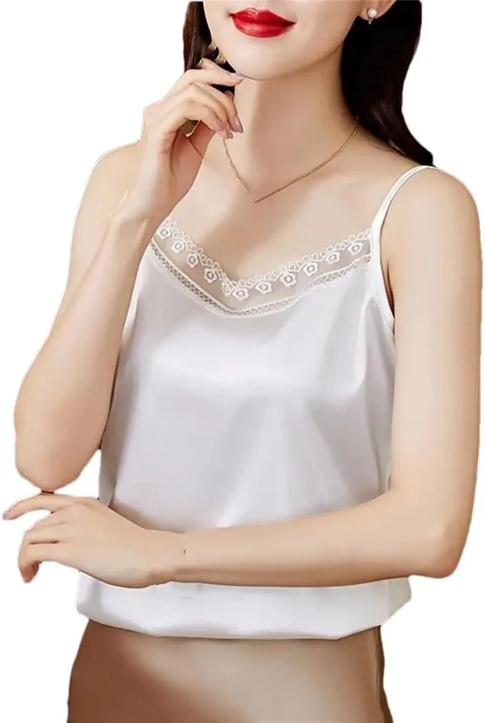 Women's V-Neck Lace Patchwork Sleeveless Camisole Top Elegant Backless Casual Satin Vest Basic Clothing
