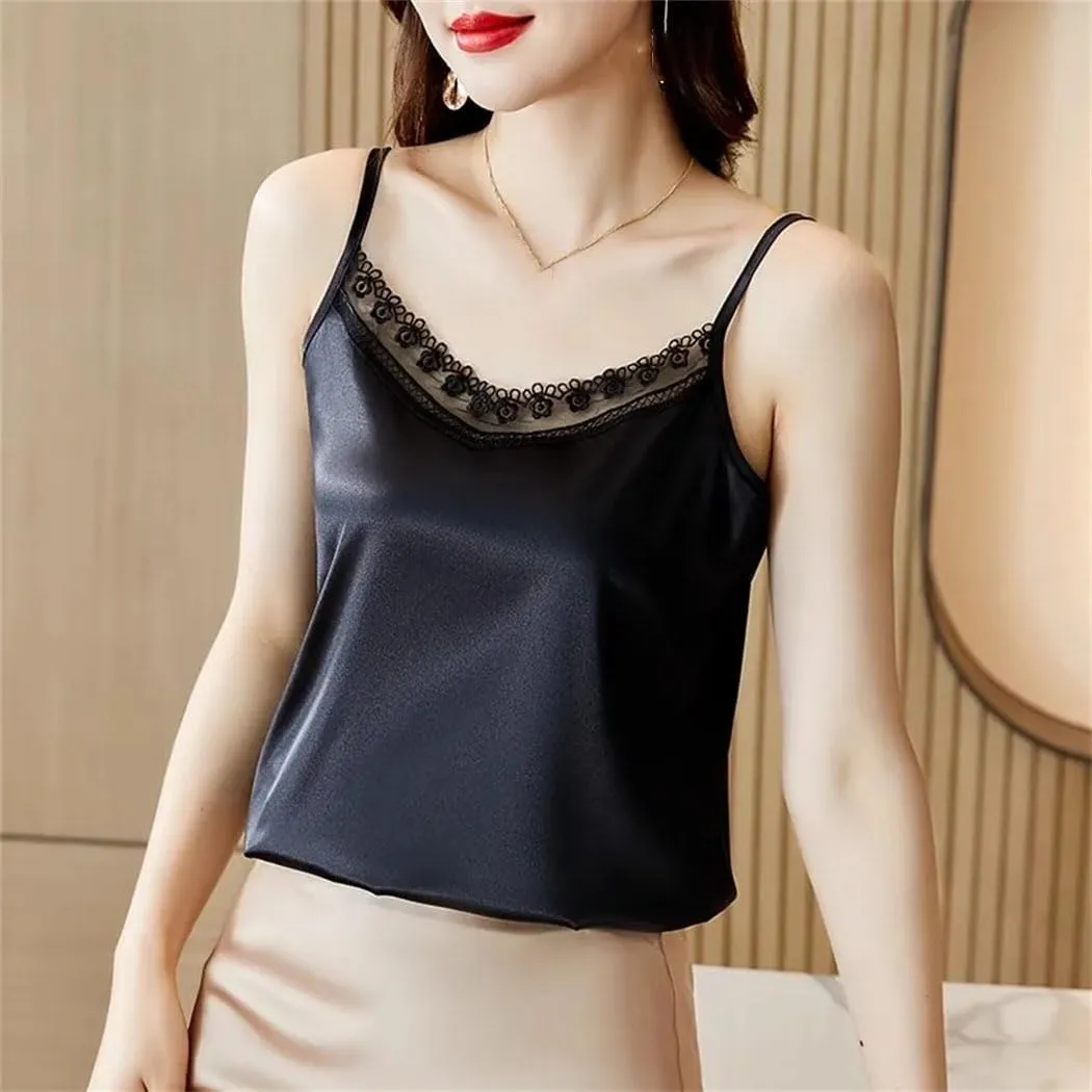 Women's V-Neck Lace Patchwork Sleeveless Camisole Top Elegant Backless Casual Satin Vest Basic Clothing